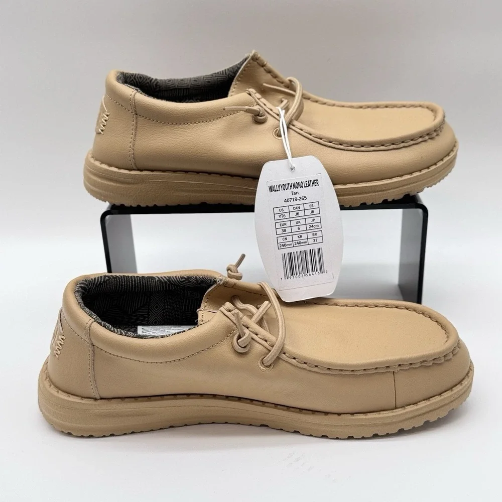 Size 6YT- HeyDude Wally Youth Mono Leather Brown Slip-on Loafers,Light-Weight